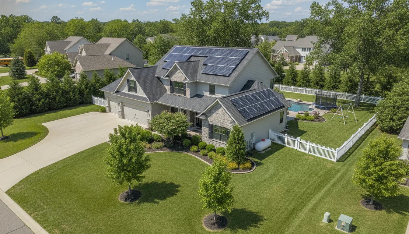 Aerial view of a home and rooftop panels for a solar permit site plan