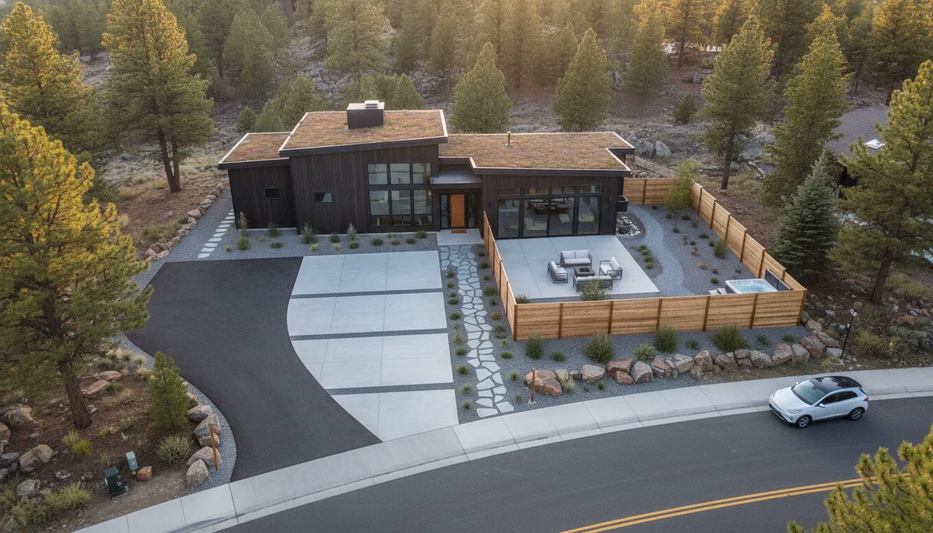 Aerial view showing parking access and outdoor features for a short term rental permit