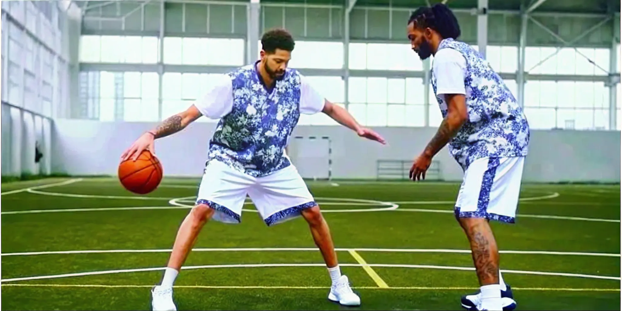 Basketball players wearing coordinated custom jerseys and shorts during a game