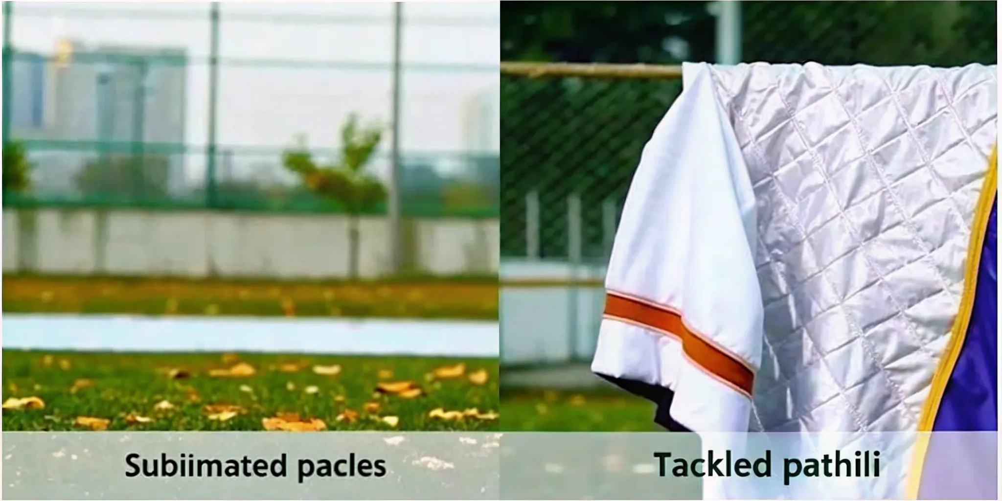 Side by side comparison of sublimated print versus stitched tackle twill patches on hockey jersey fabric