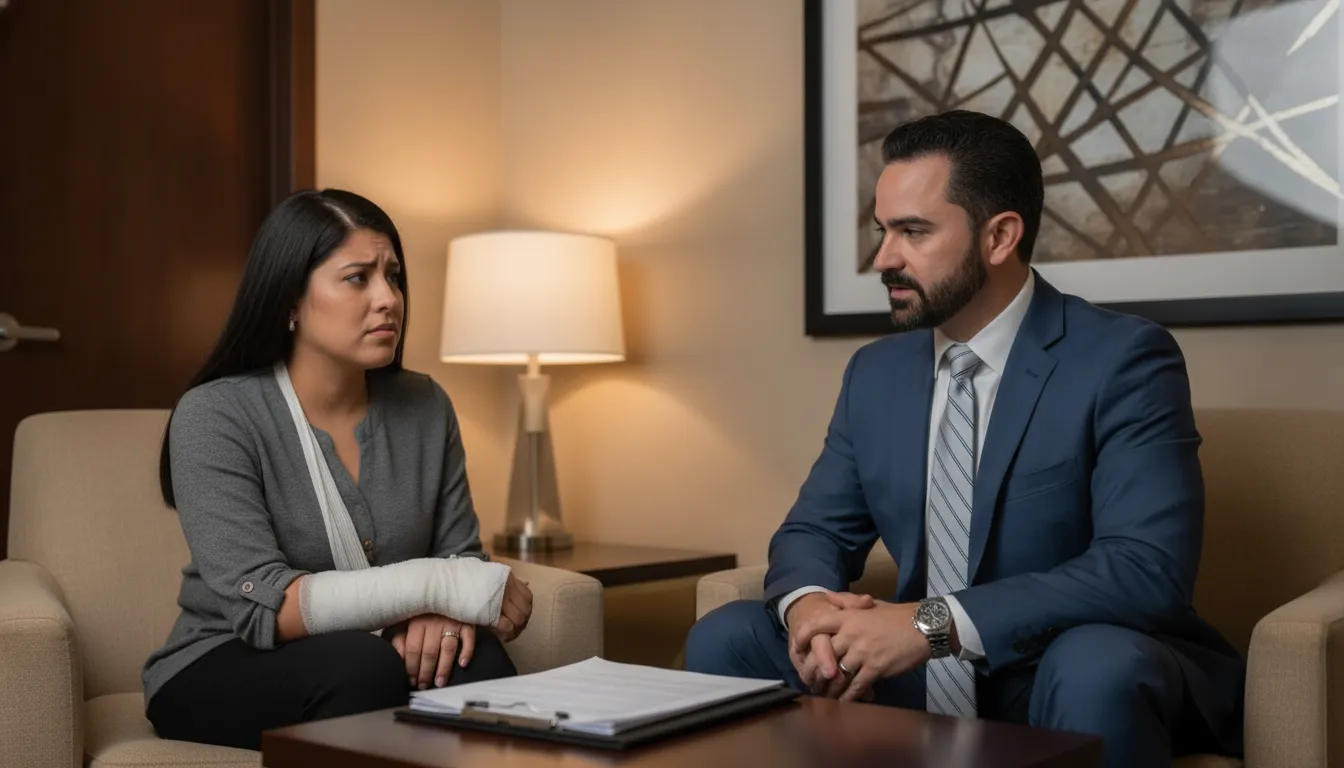 Personal injury attorney speaking with a client about a dog bite injury claim