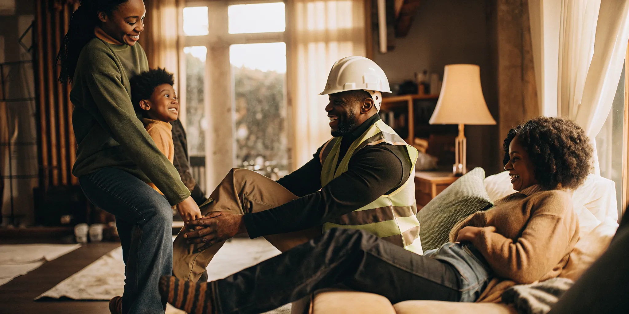 Recovering injured worker at home with family after a workplace injury