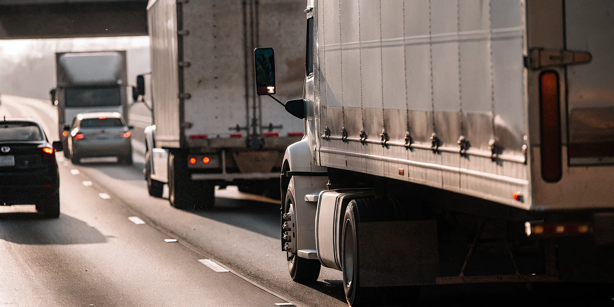 Delivery trucks on a busy Georgia interstate highway showing Amazon and UPS commercial vehicles in traffic