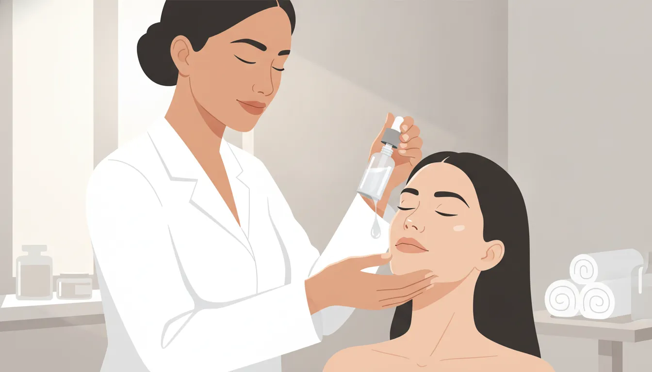 A professional applies a hyaluronic acid serum during a skincare treatment