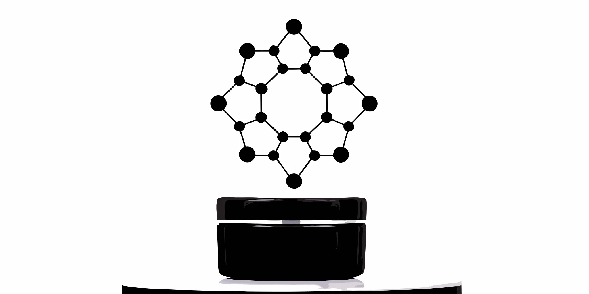 Luxury collagen peptide cream jar on marble surface with molecular peptide chain visualization