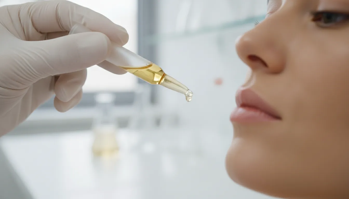 Single-dose gold and white ampoules on a clinical lab surface, representing German ampoule technology