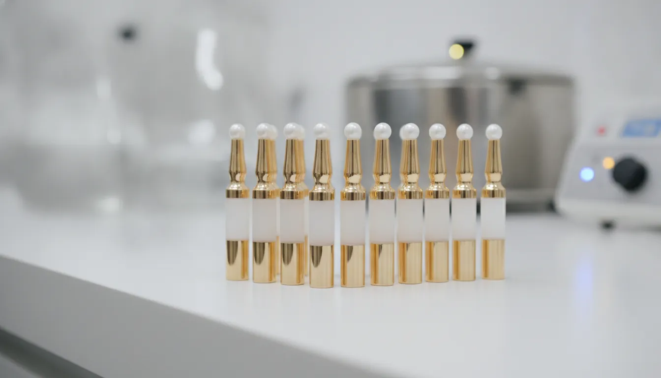 Dermatologist applying a concentrated serum ampoule to a patient cheek in a German clinical skincare setting