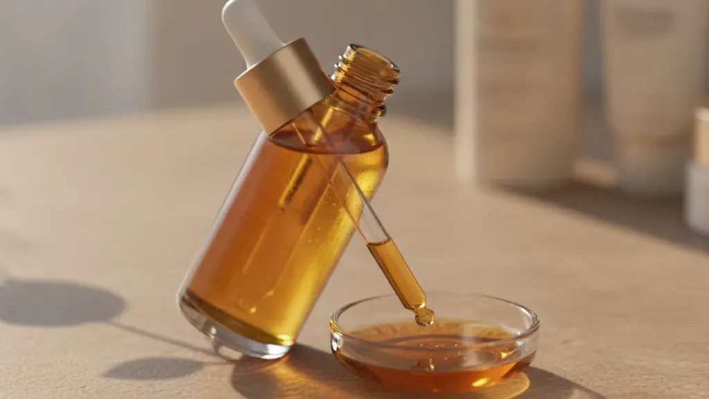 Amber retinol serum bottle beside a glass dish in a softly lit luxury skincare setting Amber retinol serum bottle beside a glass dish in a softly lit luxury skincare setting