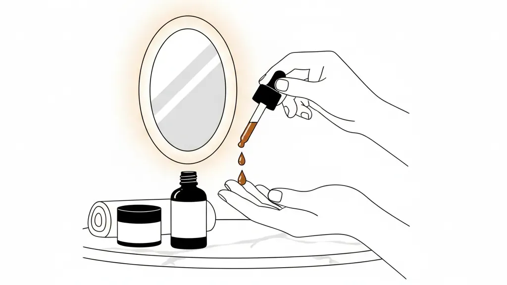 Hands applying a few drops of retinol serum during a calm nighttime skincare routine