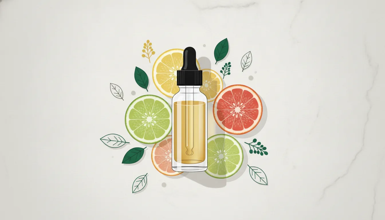 Vitamin C serum and citrus botanicals in a refined skincare setting