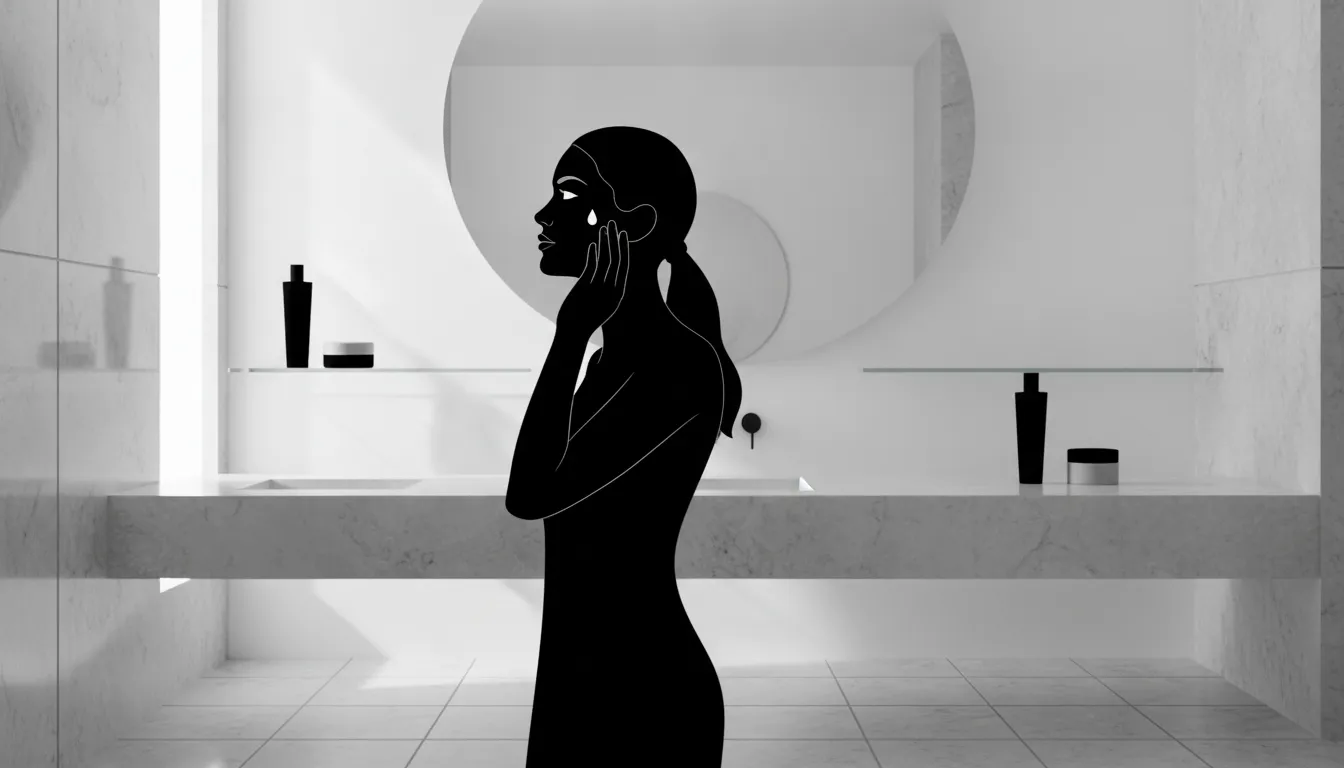 Woman applying vitamin C serum during a refined morning skincare ritual