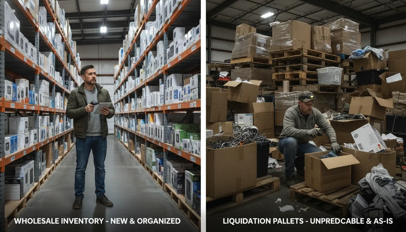 Split view comparing wholesale inventory shelves against liquidation pallets in a warehouse, showing two sourcing methods side by side