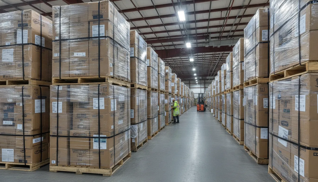 Stacked liquidation pallets in a warehouse with returned retail merchandise boxes ready for reseller auctions