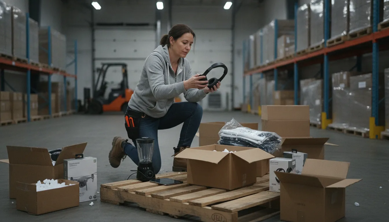 Small business reseller unpacking a returned merchandise pallet and inspecting items in a warehouse setting