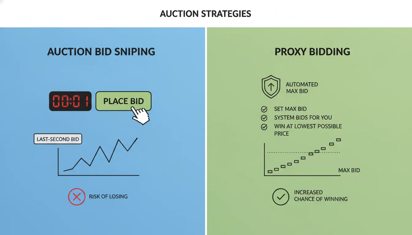 Comparison infographic showing bid sniping last-second strategy versus automated proxy bidding approach for online auctions