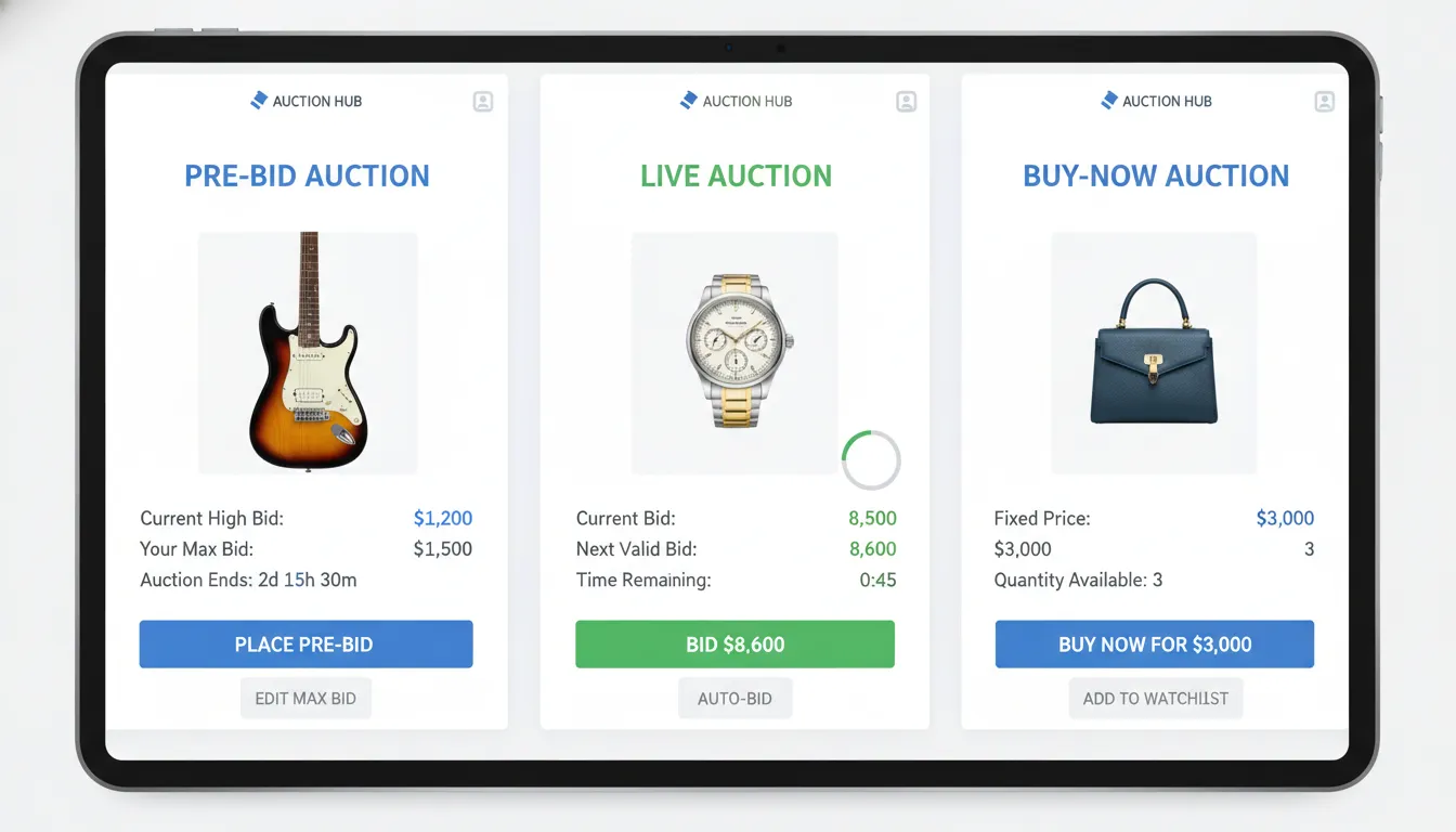 Side-by-side comparison of pre-bid, live bid, and buy-now auction interface options