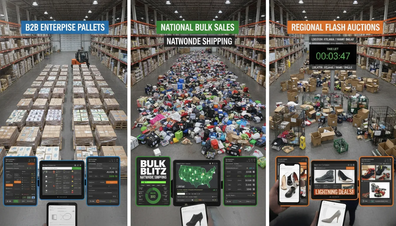 Comparison of three liquidation auction platforms showing different auction formats with warehouse pallets and bidding screens