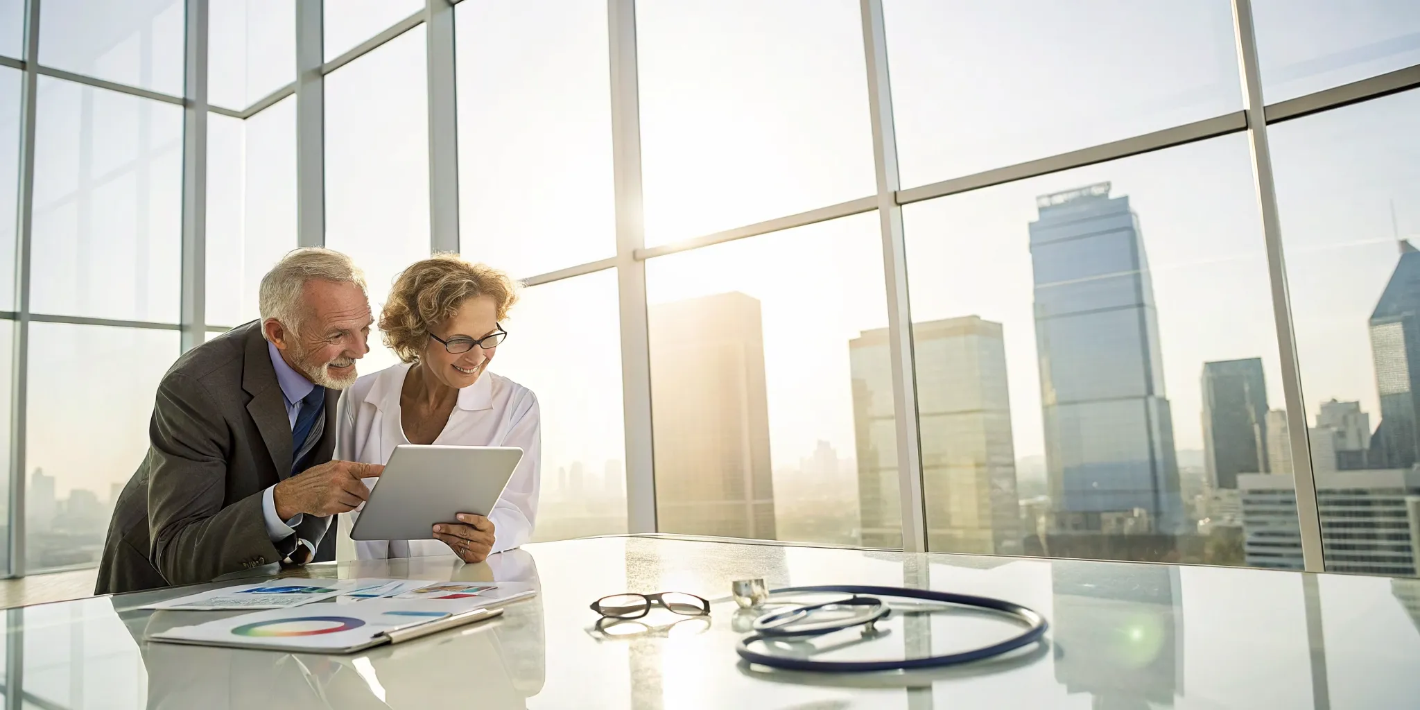 Two people reviewing HealthSpring Medicare plan options on a tablet.