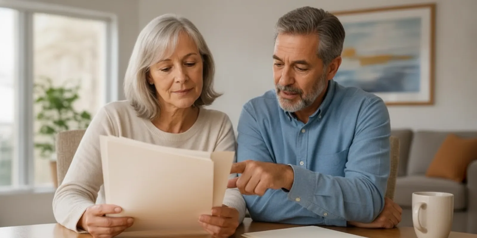 An older adult and family member reviewing care paperwork together at home