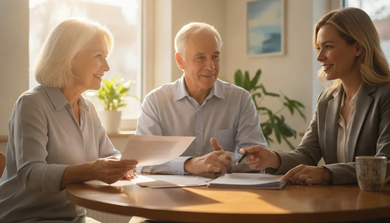 Older couple reviewing dental insurance quotes with an advisor