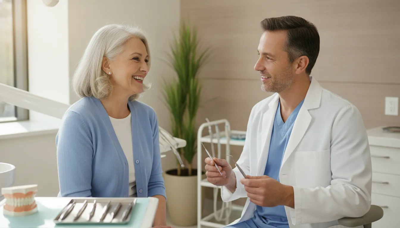 Senior discussing dental care questions with a dentist before comparing insurance options
