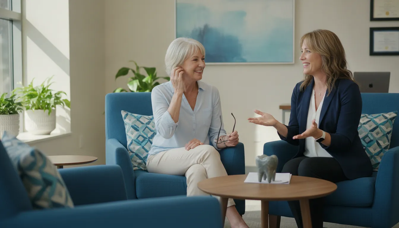 Medicare advisor explaining dental vision and hearing coverage to an older couple
