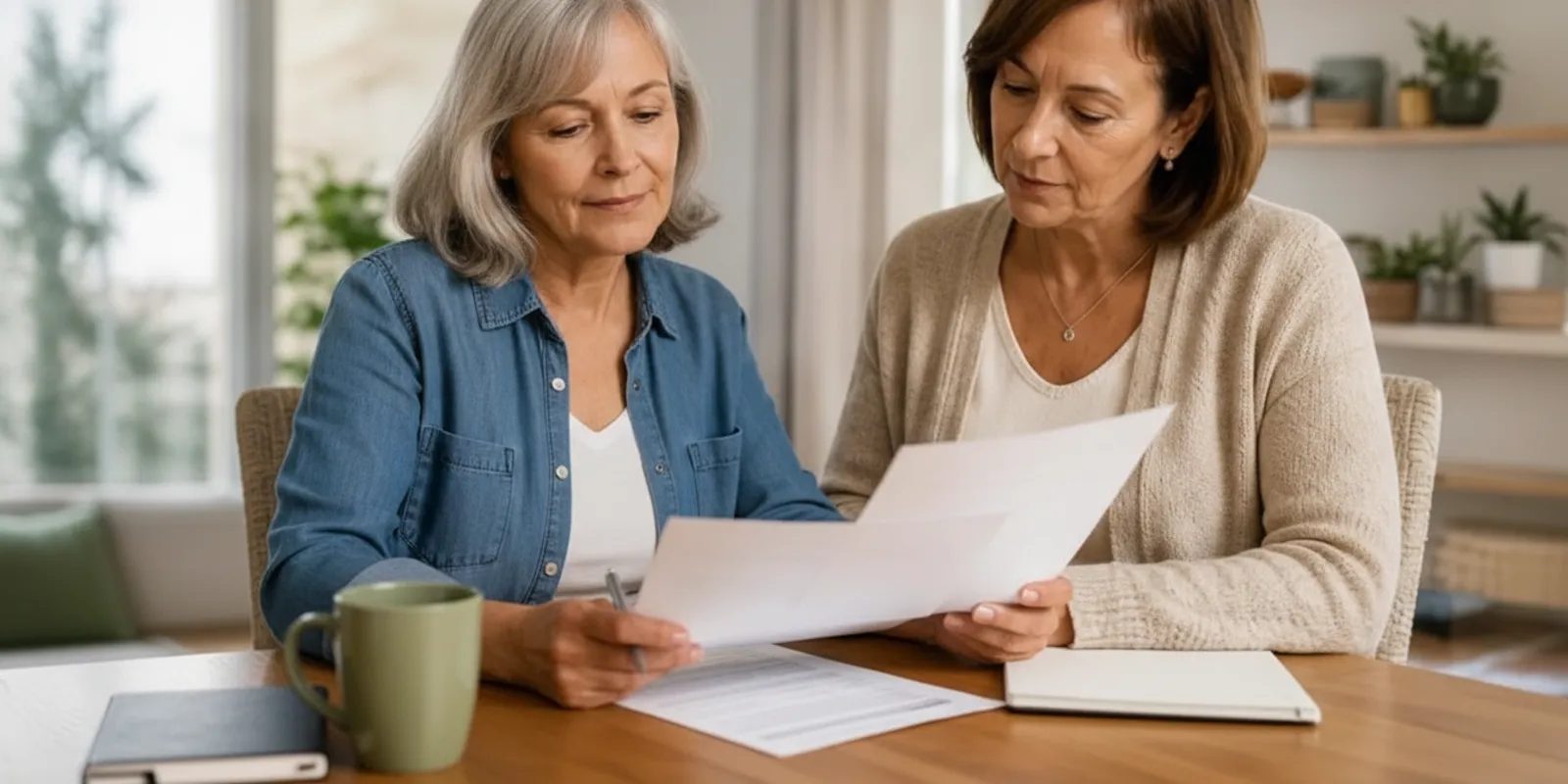 Adult daughter and older parent discussing end-of-life planning at a kitchen table