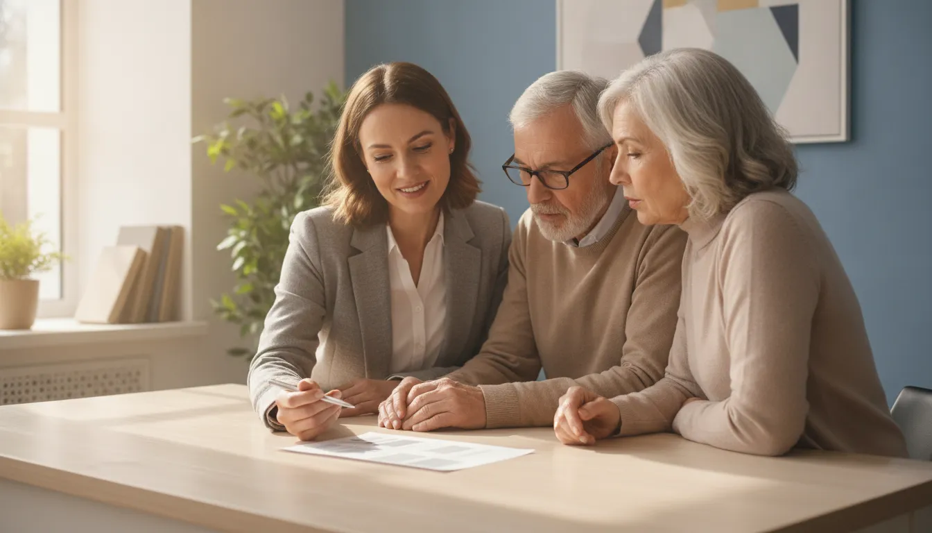 A benefits advisor speaking with a senior couple at a desk, planning their Medicare budget for 2026