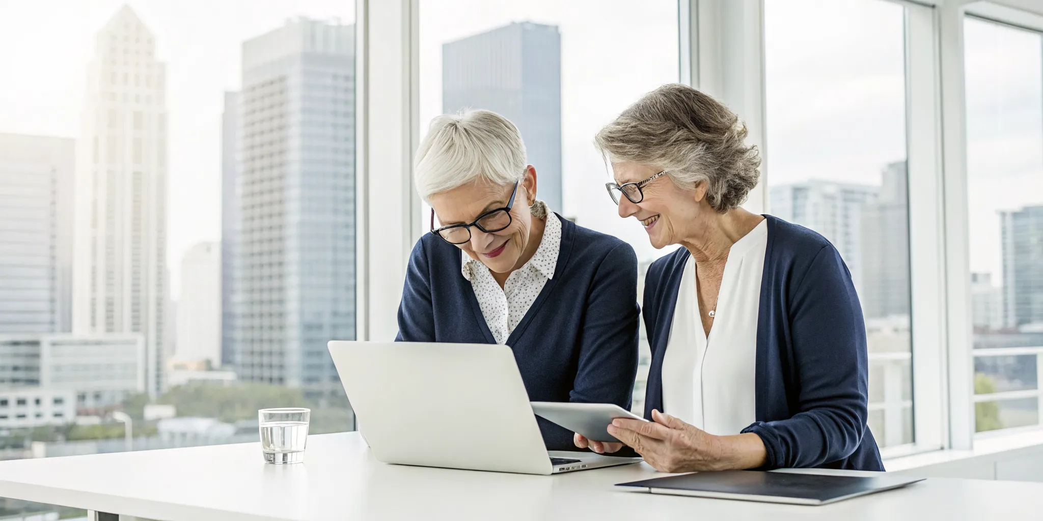 Two senior women comparing the best Medicare Part D plans on a laptop.