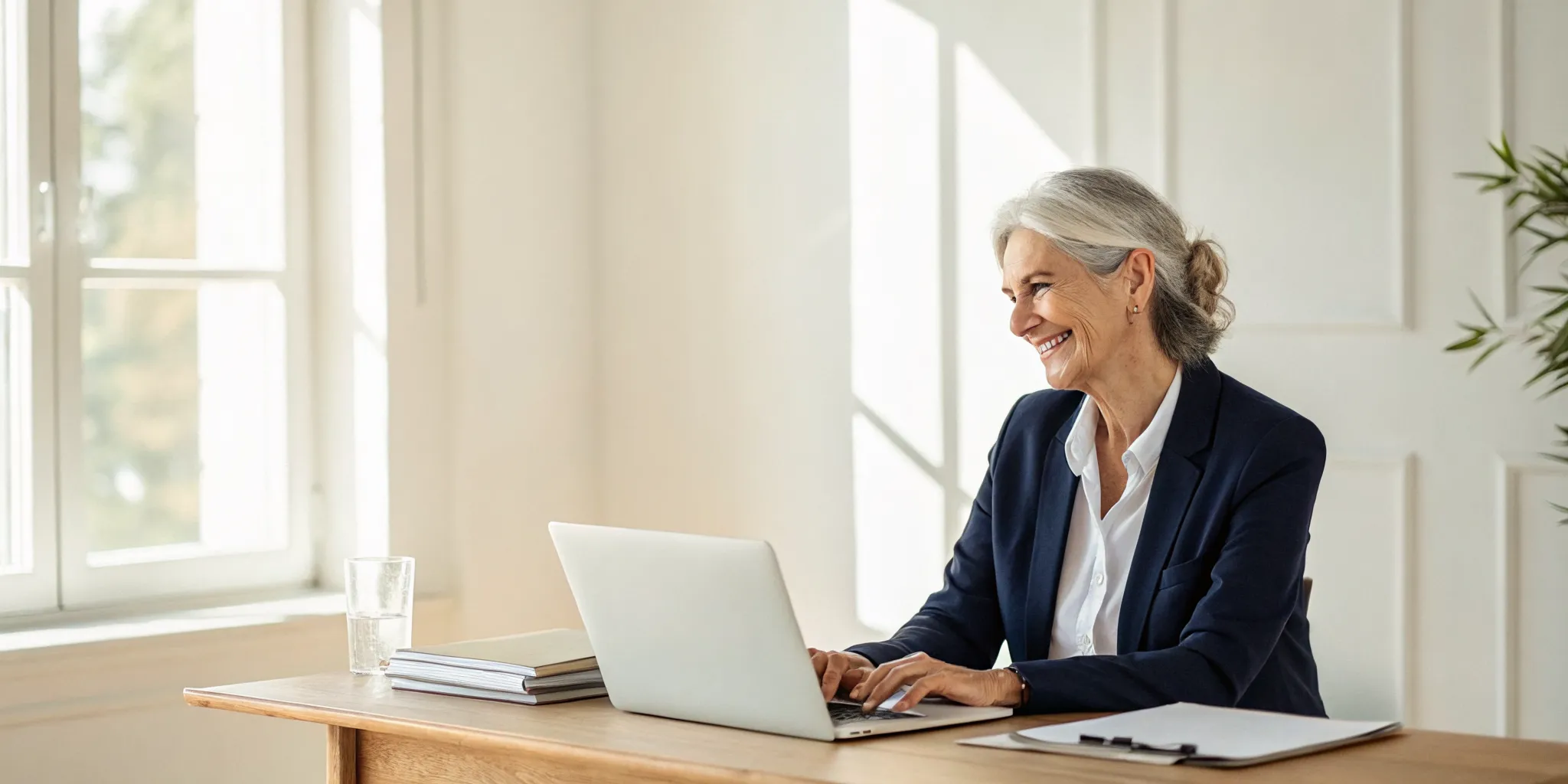 Woman smiling while using a laptop to sign up for Medicare online.
