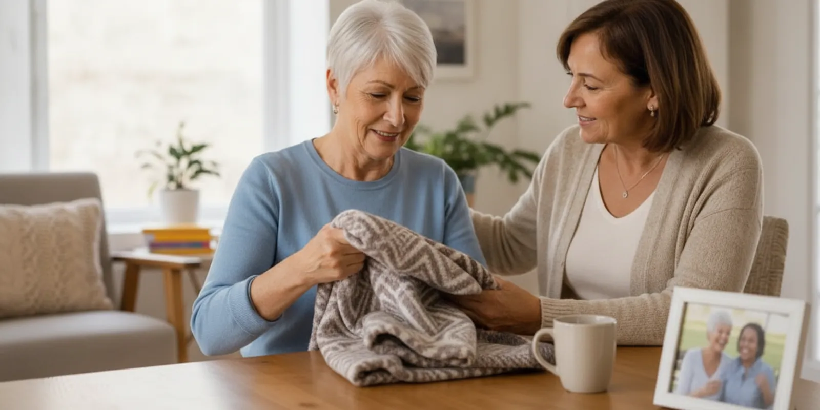 An older adult talking with a family member at home about support during recovery