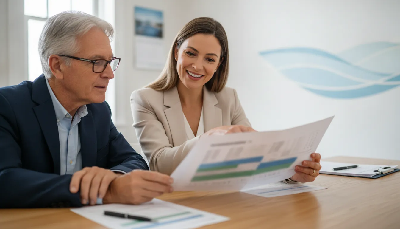 A benefits advisor showing a senior couple a Medicare plan comparison across a bright desk
