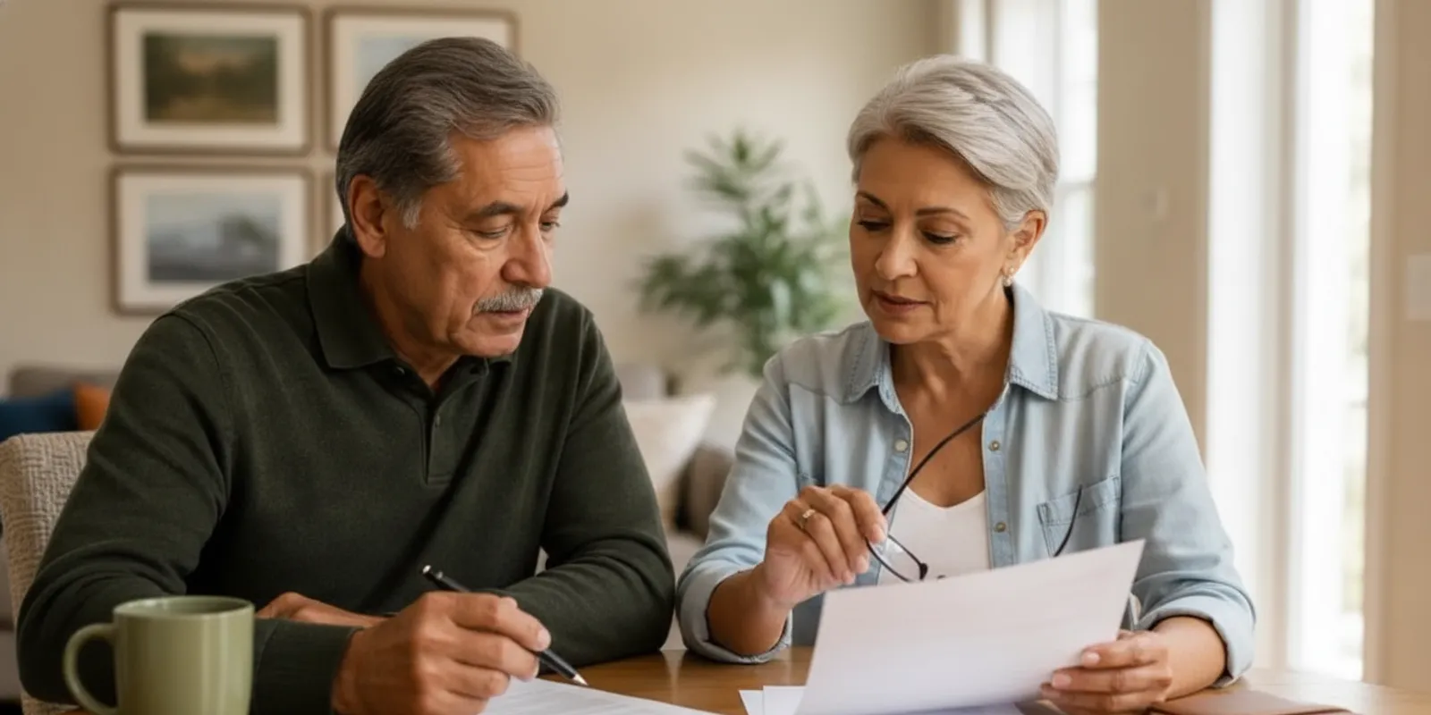 Older couple reviewing Medicare plan documents at home in Georgia