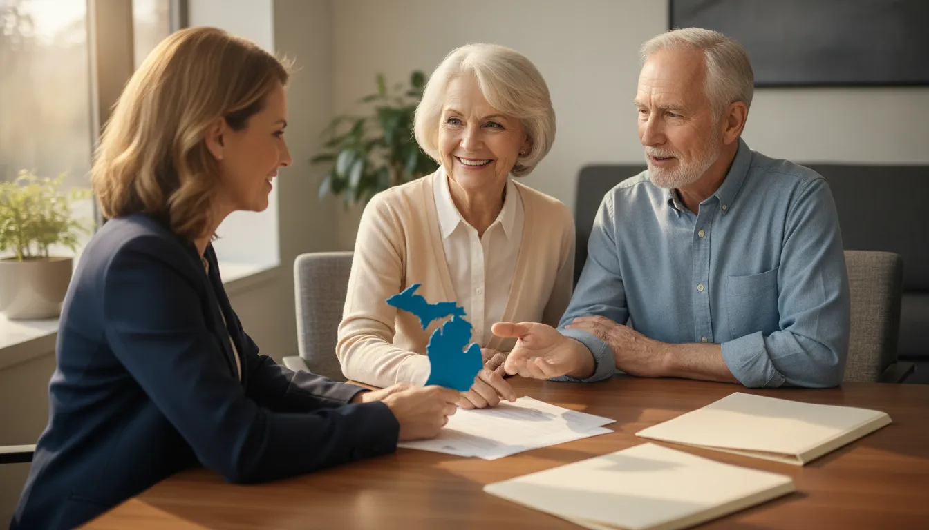 Michigan couple comparing Medicare Advantage plans with an independent advisor