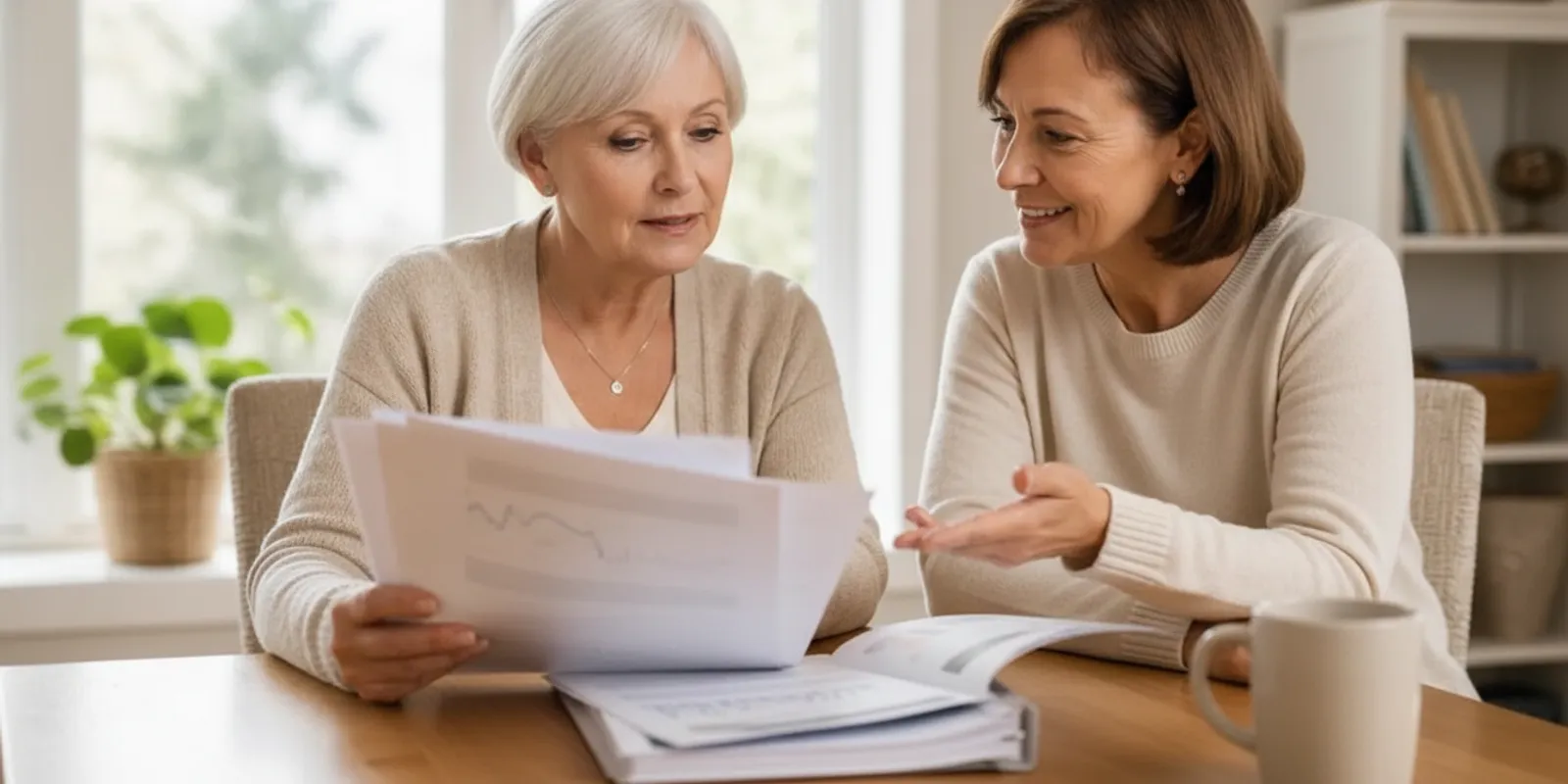 Older adult reviewing Medicare plan information at home with a family member