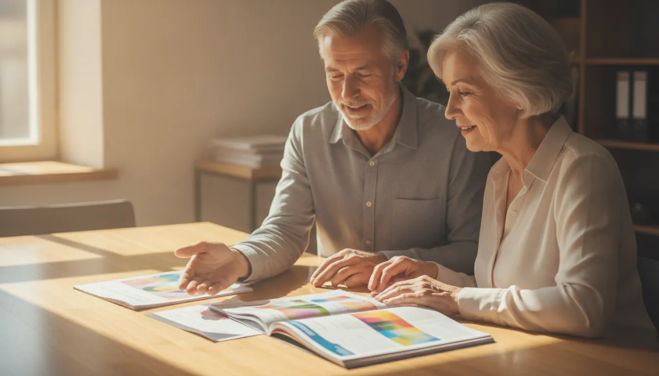 Benefits advisor discussing Medicare plan coverage options with a senior couple at an office table