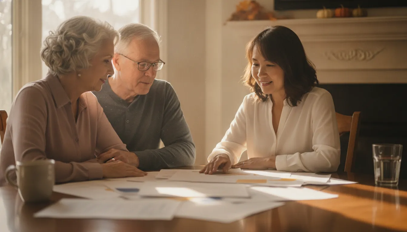 Older couple reviewing Medicare coverage with a benefits advisor