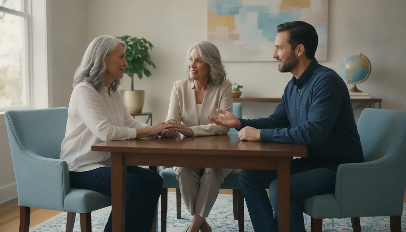 A Medicare-age woman and her adult son speaking with an independent benefits advisor