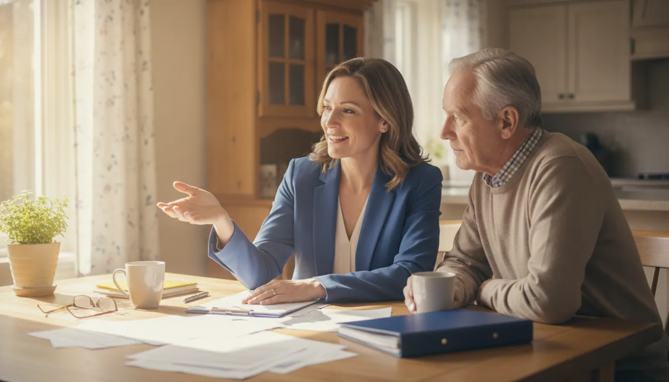 Medicare insurance broker discussing coverage choices with an older couple