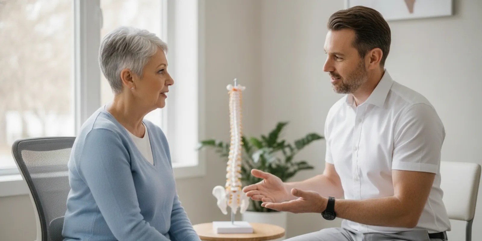 Older adult speaking with a chiropractor in a bright, calm clinic