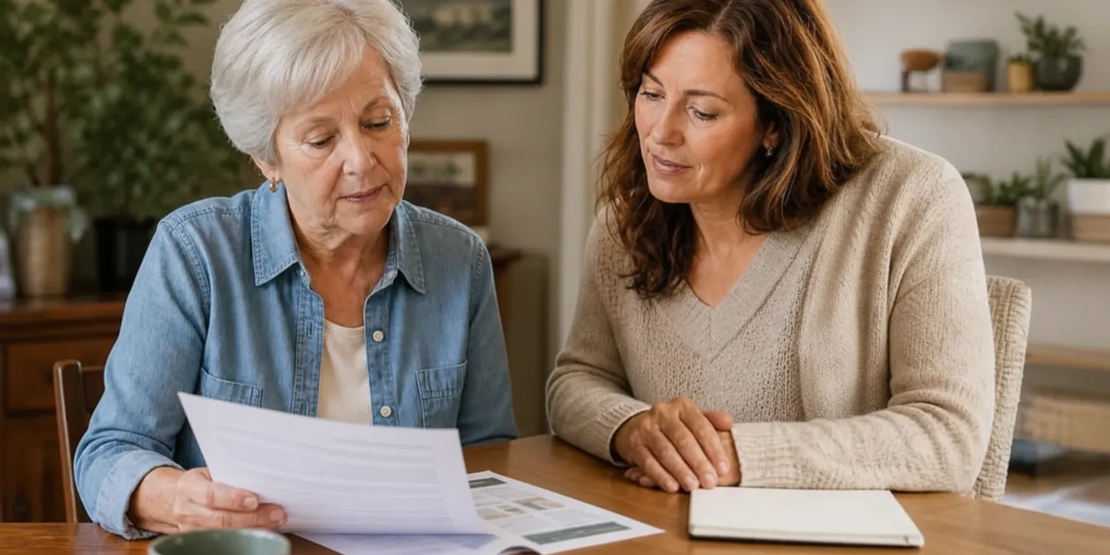 Older adult discussing dialysis coverage paperwork with a family member at home
