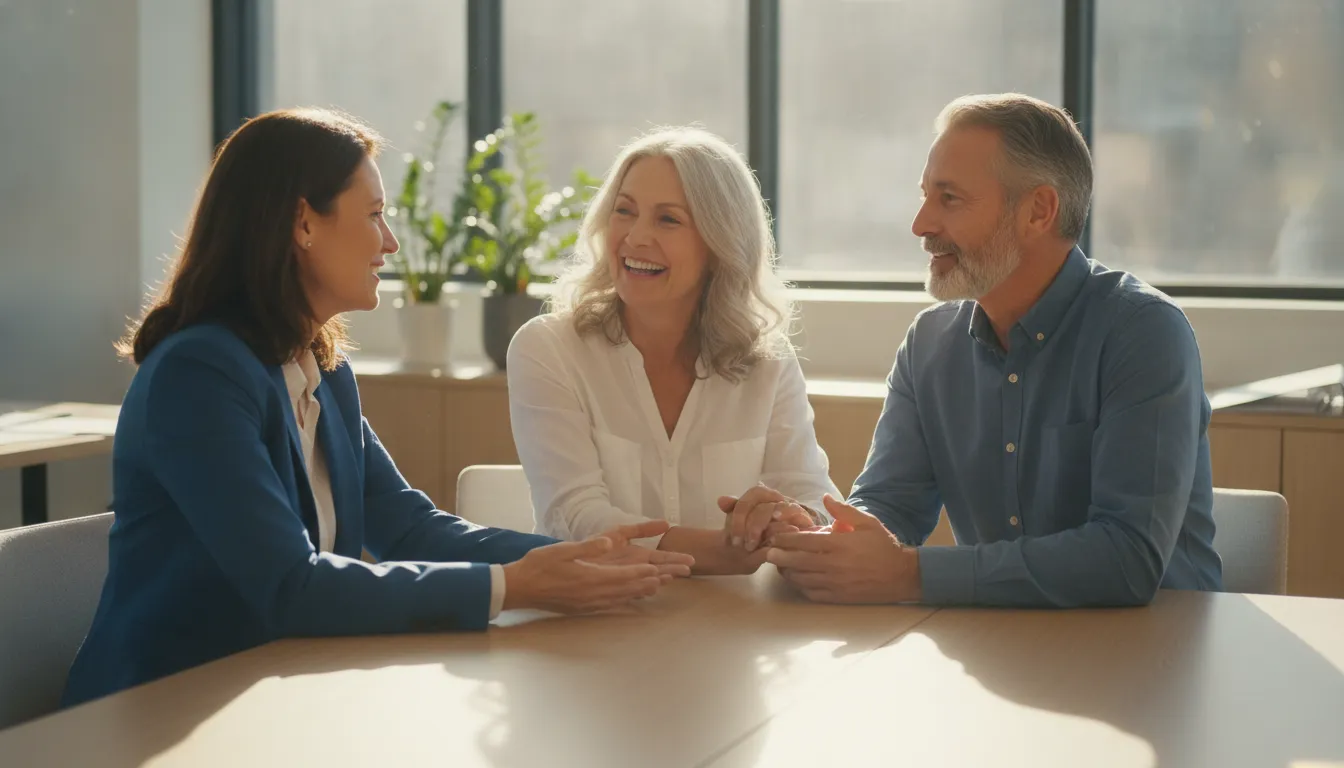 A friendly benefits advisor explains Medicare options to a smiling couple at a bright table