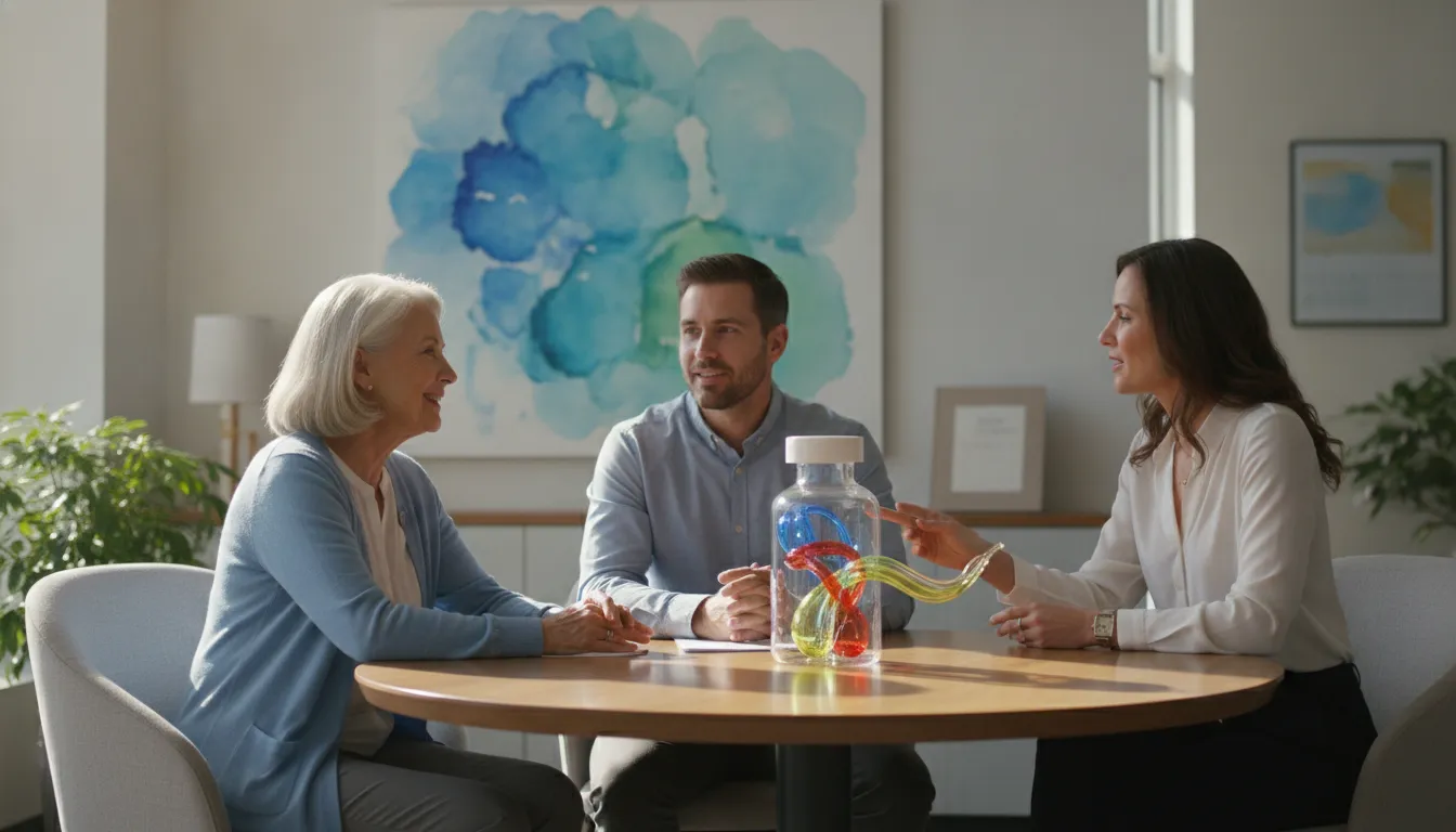 Medicare counselor discussing prescription coverage with an older adult and family member