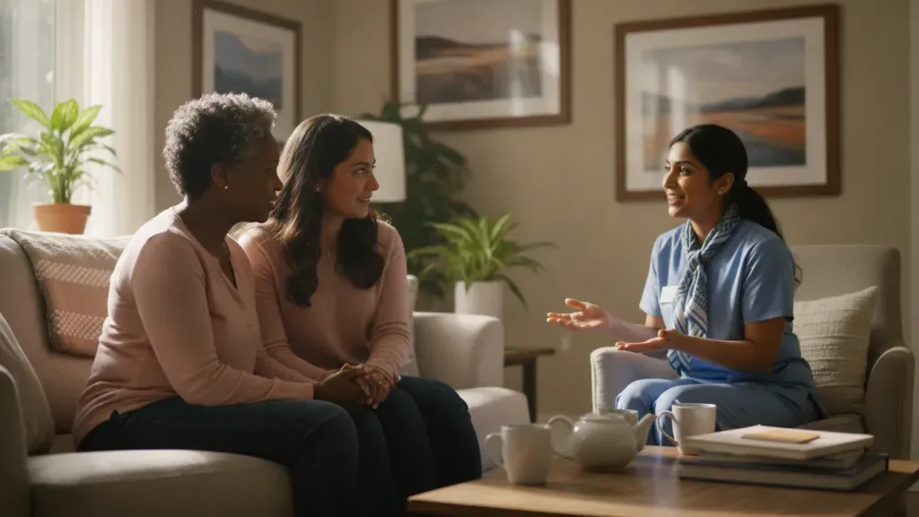 Family meeting with a hospice nurse to discuss the Medicare hospice benefit