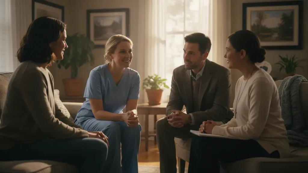 Hospice care team meeting with a patient and family member at home