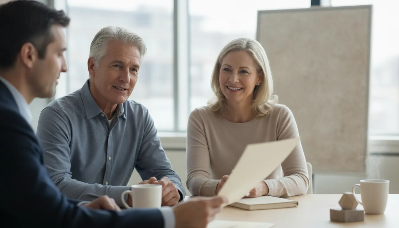 Older worker and spouse reviewing Medicare enrollment timing with an advisor