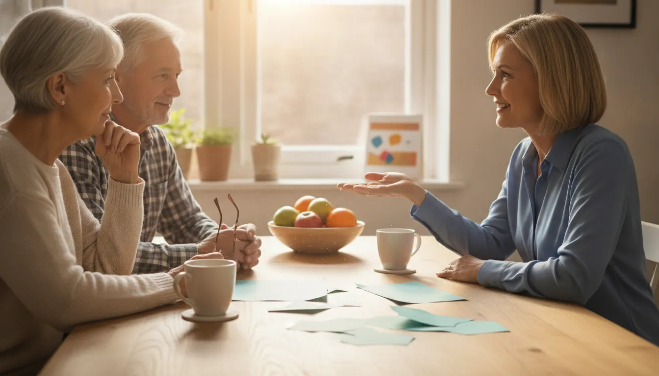 A Medicare benefits advisor helping an older couple compare their health plan options at a bright table