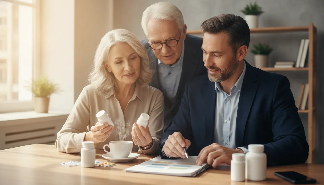 Senior couple reviewing Medicare Part D prescription drug options with a benefits advisor