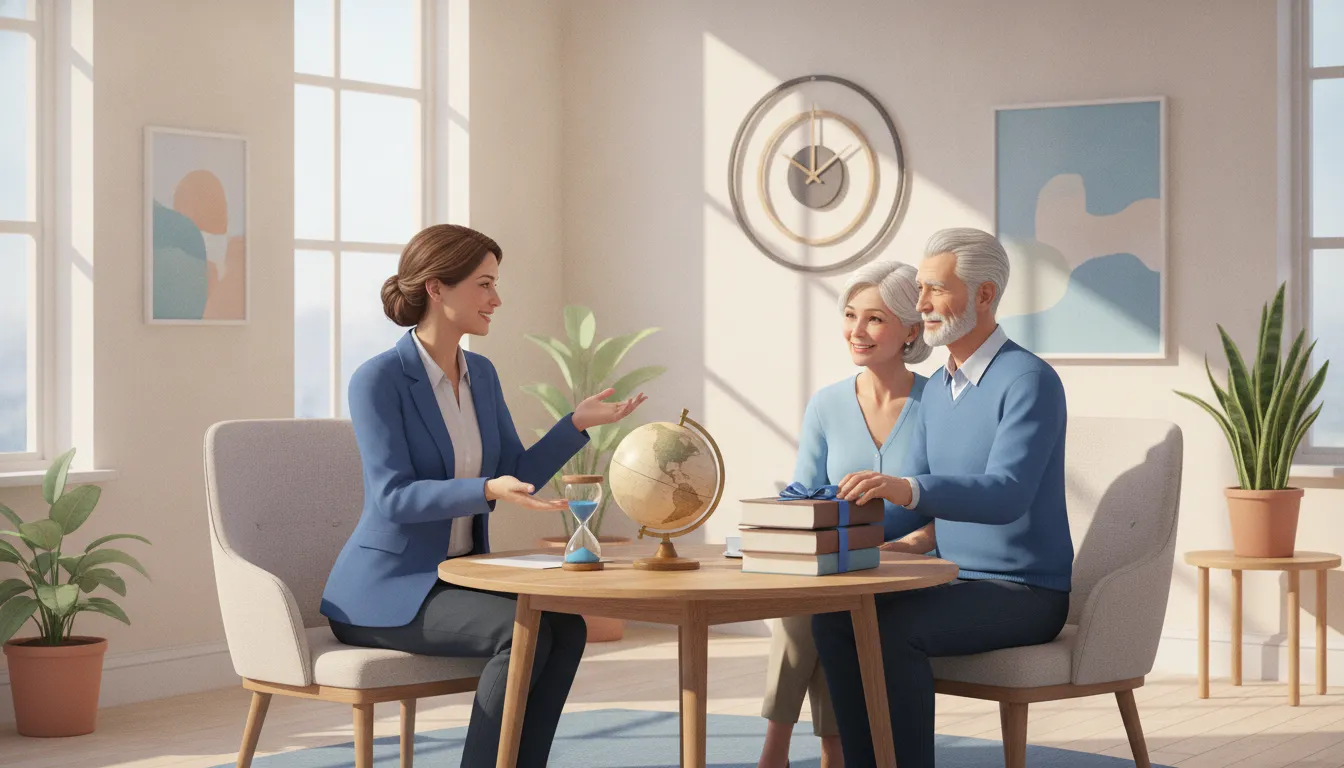 Medicare benefits advisor discussing enrollment timing with an older couple