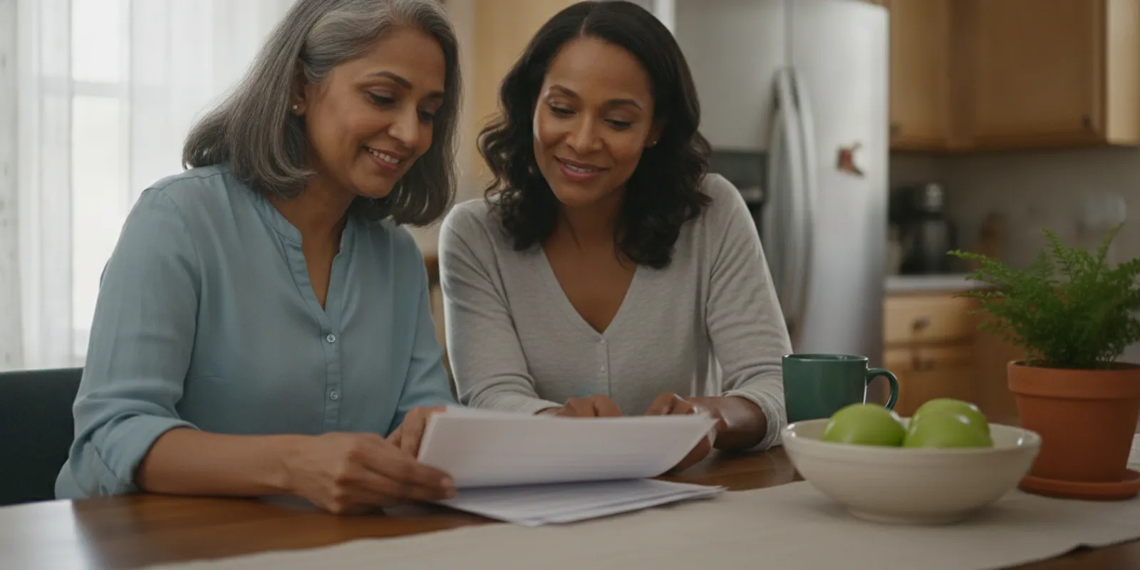 Older adult reviewing Medicare paperwork at home with a family member
